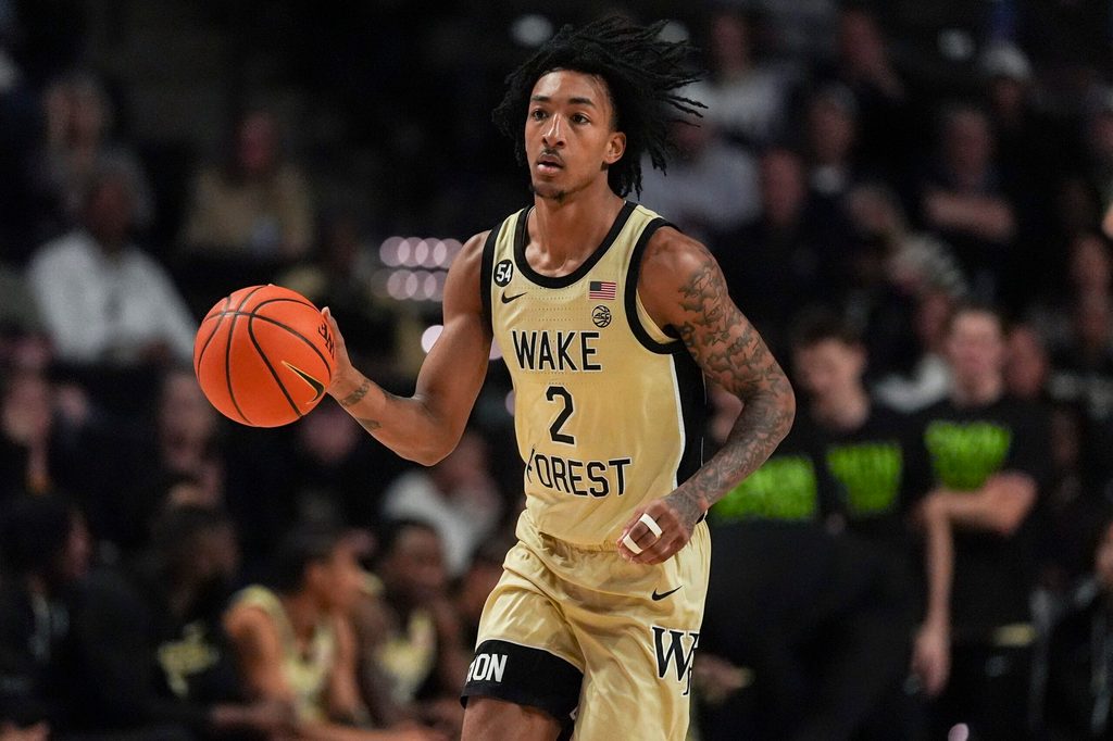 Feb 14, 2026; Winston-Salem, North Carolina, USA; Wake Forest Demon Deacons forward Juke Harris (2) brings the ball up court during the first half against the Stanford Cardinal at Lawrence Joel Veterans Memorial Coliseum. Mandatory Credit: Jim Dedmon-Imagn Images