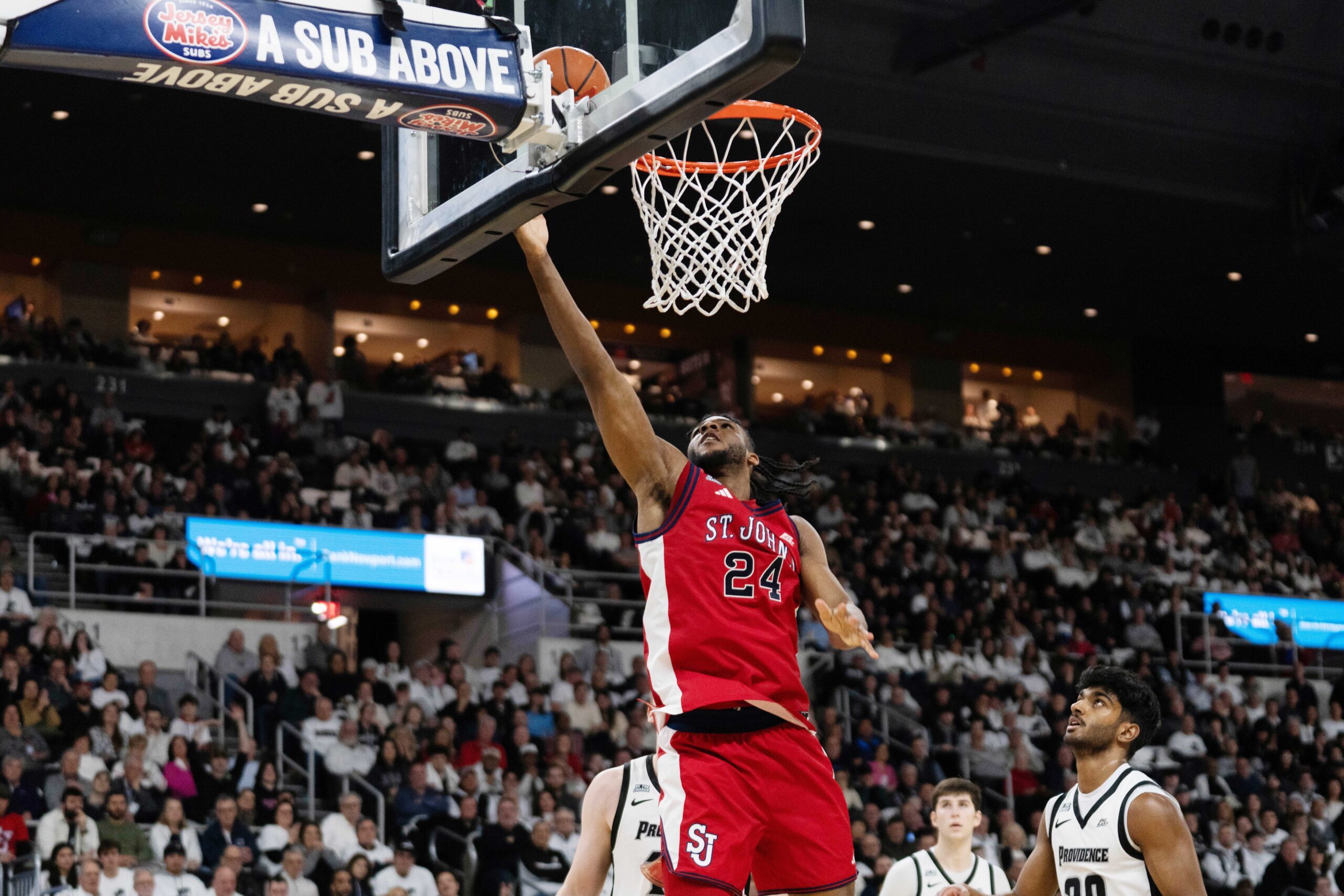 Feb 14, 2026; Providence, Rhode Island, USA; St. John’s University Red Storm forward Zuby Ejiofor (24) shoots during the second half of the game against the Providence College Friars at Amica Mutual Pavilion. Mandatory Credit: Natalie Reid-Imagn Images