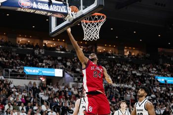 Feb 14, 2026; Providence, Rhode Island, USA; St. John’s University Red Storm forward Zuby Ejiofor (24) shoots during the second half of the game against the Providence College Friars at Amica Mutual Pavilion. Mandatory Credit: Natalie Reid-Imagn Images