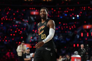 Feb 14, 2026; Los Angeles, CA, USA; Cleveland Cavaliers guard Donovan Mitchell (45) competes in the three point contest during the 2026 NBA All Star Saturday Night at Intuit Dome. Mandatory Credit: Kirby Lee-Imagn Images