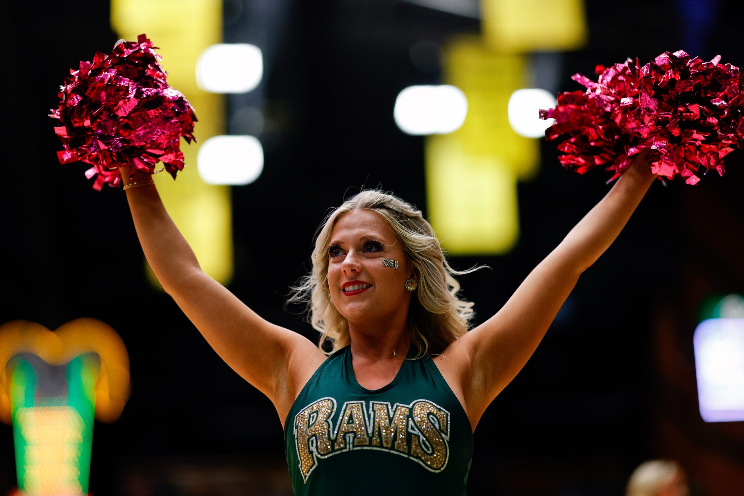 Feb 14, 2026; Fort Collins, Colorado, USA; Colorado State Rams cheerleader in the second half against the Wyoming Cowboys at Moby Arena. Mandatory Credit: Isaiah J. Downing-Imagn Images