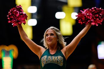 Feb 14, 2026; Fort Collins, Colorado, USA; Colorado State Rams cheerleader in the second half against the Wyoming Cowboys at Moby Arena. Mandatory Credit: Isaiah J. Downing-Imagn Images