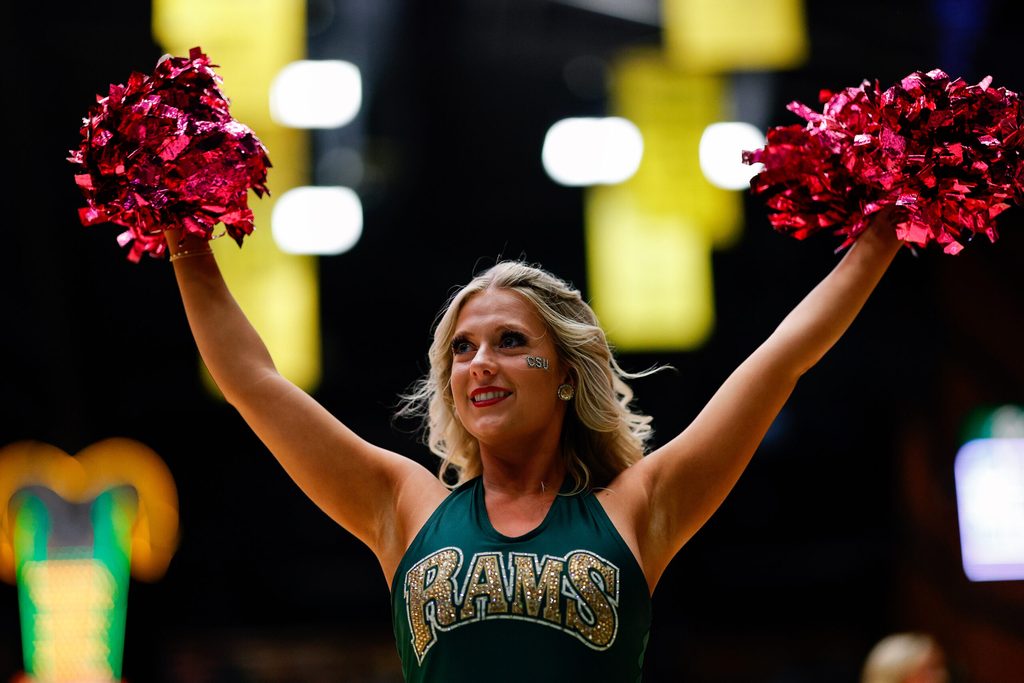 Feb 14, 2026; Fort Collins, Colorado, USA; Colorado State Rams cheerleader in the second half against the Wyoming Cowboys at Moby Arena. Mandatory Credit: Isaiah J. Downing-Imagn Images