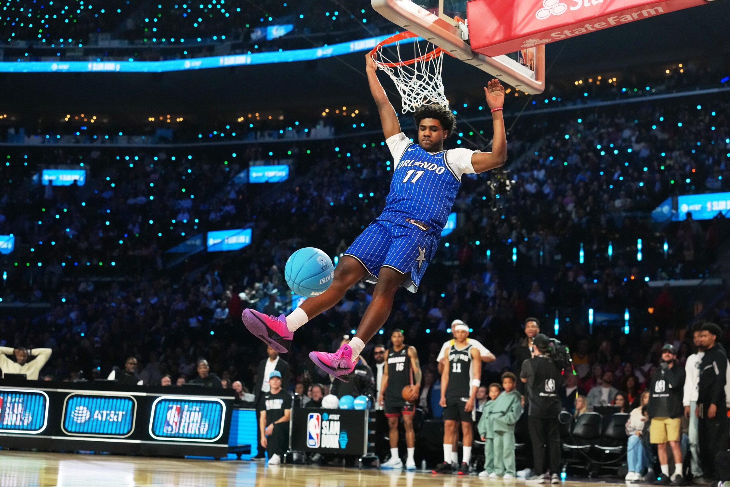 Feb 14, 2026; Los Angeles, CA, USA; Orlando Magic guard Jase Richardson (11) competes in the slam dunk contest during the 2026 NBA All Star Saturday Night at Intuit Dome. Mandatory Credit: Kirby Lee-Imagn Images