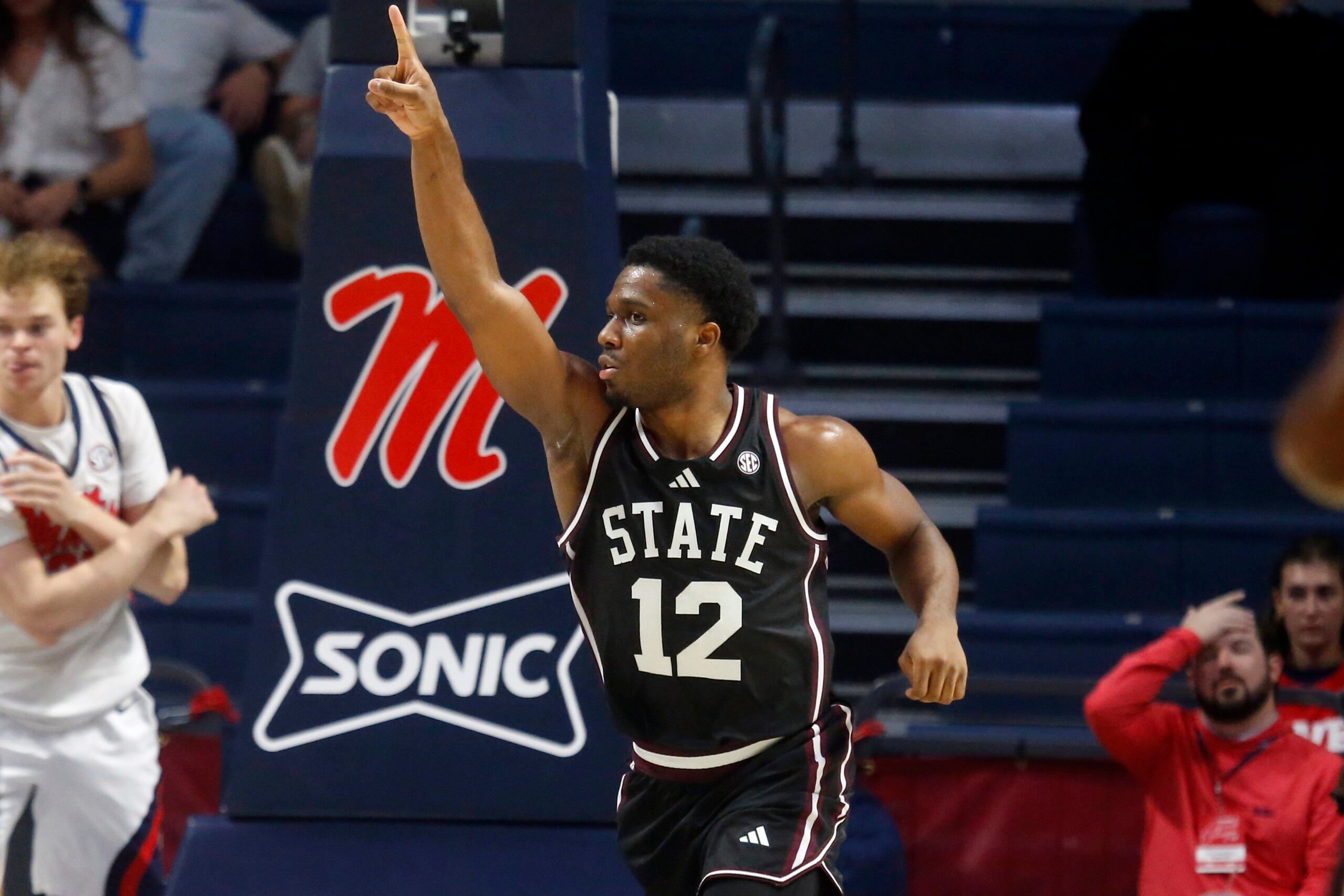 Feb 14, 2026; Oxford, Mississippi, USA; Mississippi State Bulldogs guard Josh Hubbard (12) reacts during the second half against the Mississippi Rebels at The Sandy and John Black Pavilion at Ole Miss. Mandatory Credit: Petre Thomas-Imagn Images