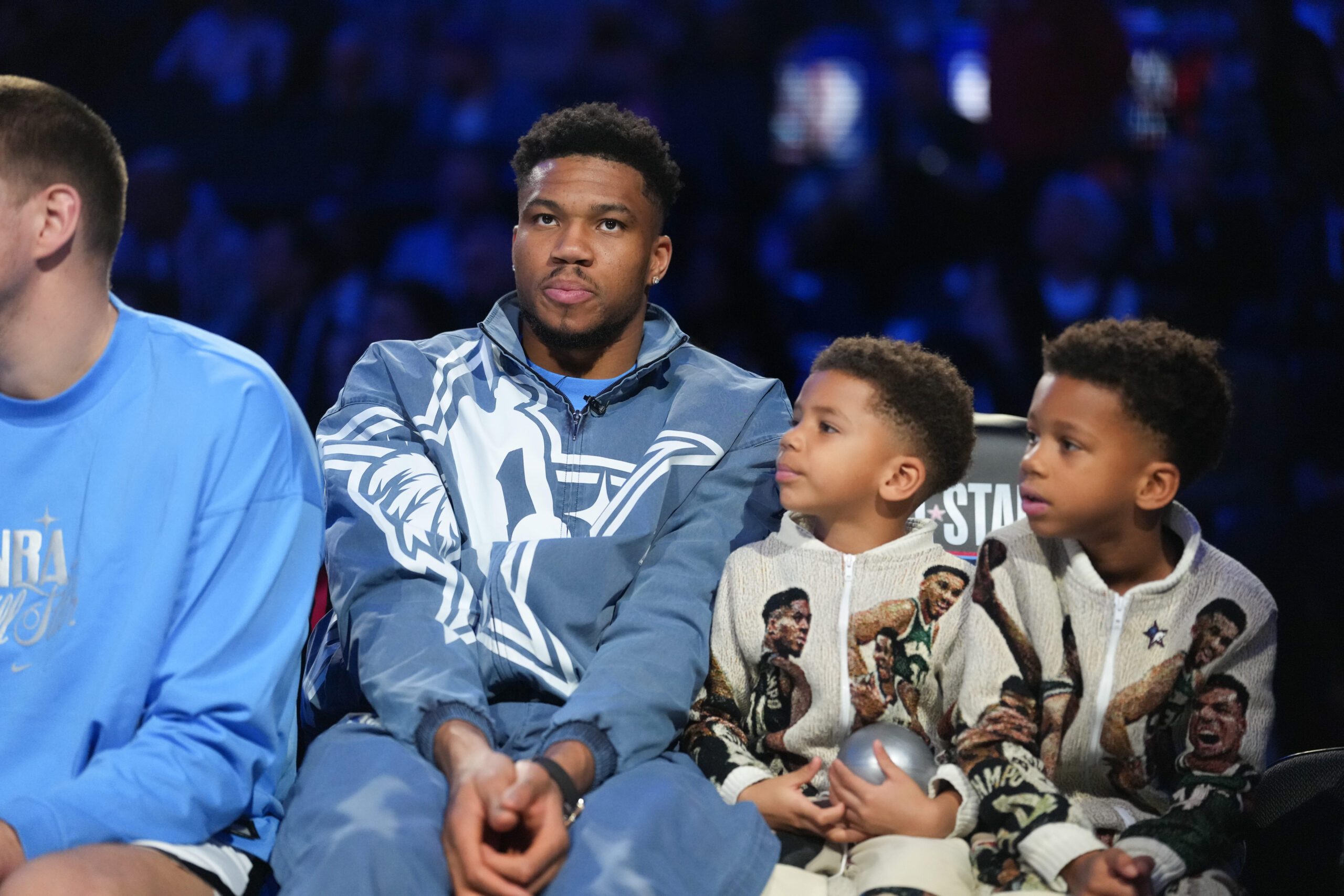 Feb 15, 2026; Inglewood, California, USA; eam World forward Giannis Antetokounmpo (34) of the Milwaukee Bucks looks on in-between games during the 75th NBA All Star Game at Intuit Dome. Mandatory Credit: Kirby Lee-Imagn Images