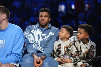 Feb 15, 2026; Inglewood, California, USA; eam World forward Giannis Antetokounmpo (34) of the Milwaukee Bucks looks on in-between games during the 75th NBA All Star Game at Intuit Dome. Mandatory Credit: Kirby Lee-Imagn Images