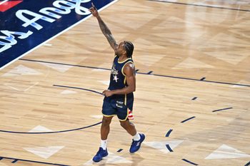 Feb 15, 2026; Inglewood, California, USA; Team USA Stripes forward Kawhi Leonard (2) of the LA Clippers reacts in game three during the 75th NBA All Star Game at Intuit Dome. Mandatory Credit: William Liang-Imagn Images