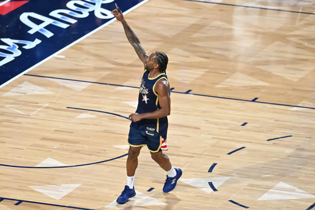 Feb 15, 2026; Inglewood, California, USA; Team USA Stripes forward Kawhi Leonard (2) of the LA Clippers reacts in game three during the 75th NBA All Star Game at Intuit Dome. Mandatory Credit: William Liang-Imagn Images