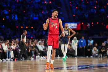Feb 15, 2026; Inglewood, California, USA; Team USA Stars guard Devin Booker (1) of the Phoenix Suns reacts in game four against Team Stripes during the 75th NBA All Star Game at Intuit Dome. Mandatory Credit: Kirby Lee-Imagn Images
