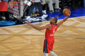 Feb 15, 2026; Inglewood, California, USA; Team USA Stars forward Scottie Barnes (4) of the Toronto Raptors shoots in the championship game during the 75th NBA All Star Game at Intuit Dome. Mandatory Credit: Jayne Kamin-Oncea-Imagn Images