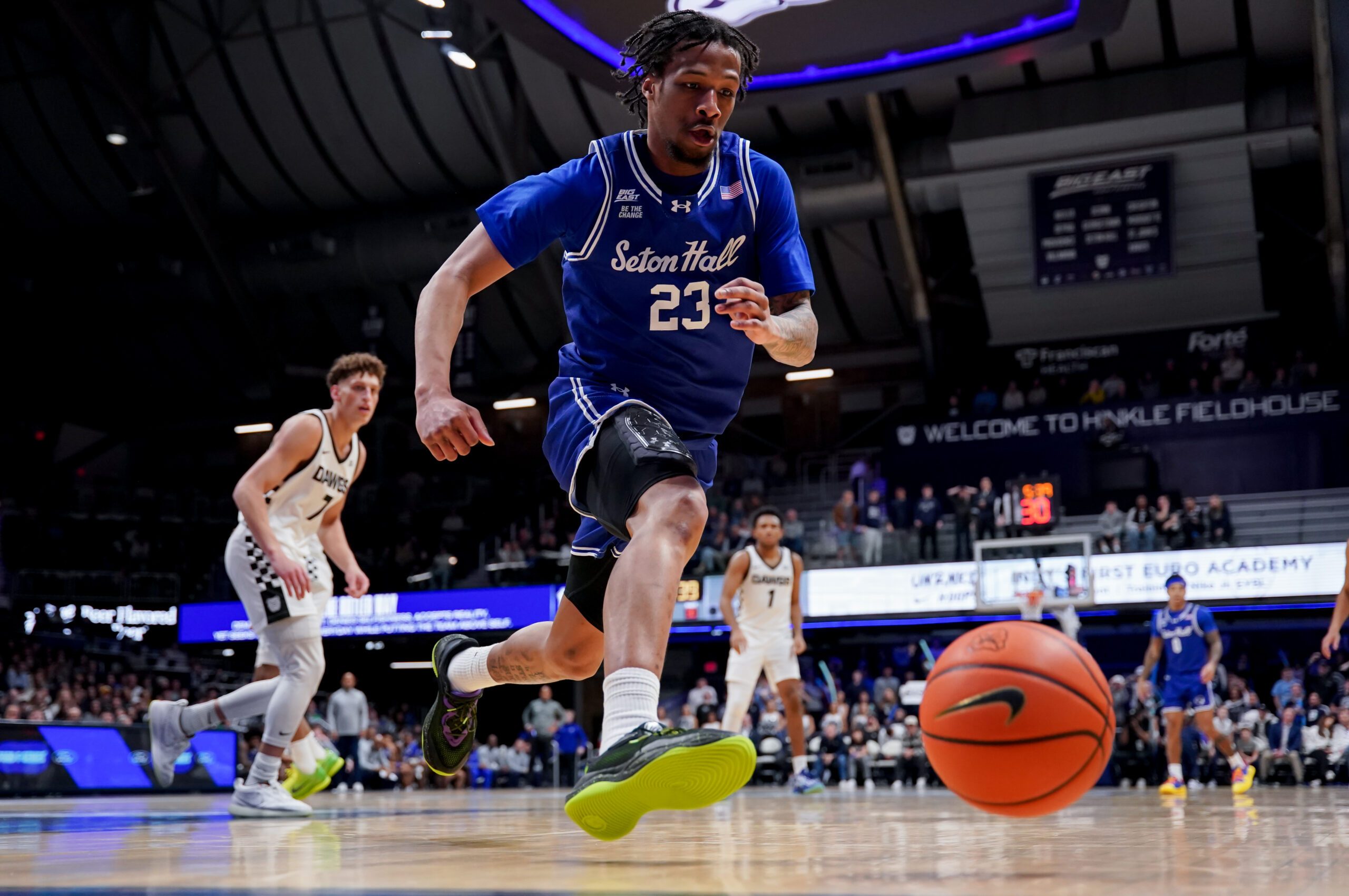 Feb 15, 2026; Indianapolis, Indiana, USA; Seton Hall Pirates guard Mike Williams (23) goes after the ball against the Butler Bulldogs during the second half at Hinkle Fieldhouse. Mandatory Credit: Robert Goddin-Imagn Images
