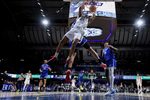 Feb 15, 2026; Indianapolis, Indiana, USA; Butler Bulldogs forward Yohan Traore (21) dunks past Seton Hall Pirates forward Najai Hines (25) during the second half at Hinkle Fieldhouse. Mandatory Credit: Robert Goddin-Imagn Images
