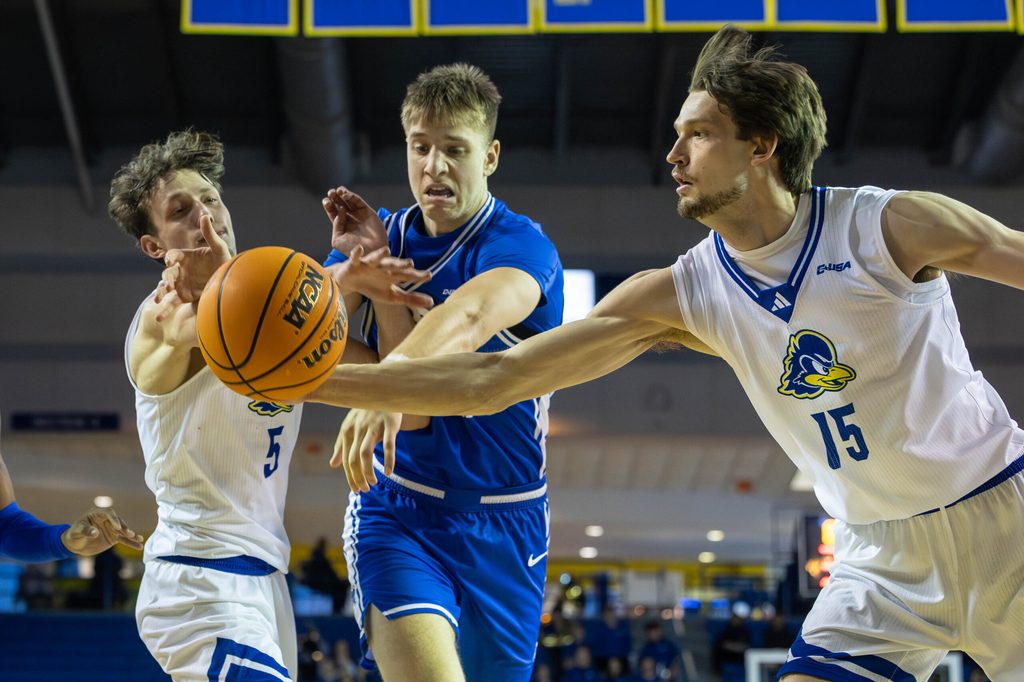 Delaware Hens forward Houston Emory (15) and Middle Tennessee center Luka Jovanovic (3) battle for the ball during the NCAA college basketball game between the Delaware Hens and the Middle Tennessee Blue Raiders on Saturday, Feb. 7, 2026, at The Bob Carpenter Sports Convocation Center in Newark, Delaware.Delaware Hens forward Houston Emory (15) and Middle Tennessee center Luka Jovanovic (3) battle for the ball during the NCAA college basketball game between the Delaware Hens and the Middle Tennessee Blue Raiders on Feb. 7, 2026, at The Bob Carpenter Center in Newark.