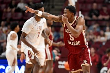 Feb 17, 2026; Tallahassee, Florida, USA; Boston College Eagles guard Fred Payne (5) celebrates making a three point shot during the first half against the Florida State Seminoles at Donald L. Tucker Center. Mandatory Credit: Melina Myers-Imagn Images