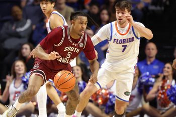 South Carolina guard Meechie Johnson (5) tries to keep the ball against the Florida during the first half of a NCAA mens basketball game at Steven C. O'Connell Center Exactek arena in Gainesville, FL on Tuesday, February 17, 2026. [Alan Youngblood/Gainesville Sun]