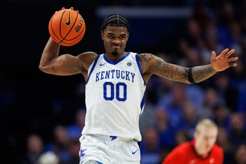 Feb 17, 2026; Lexington, Kentucky, USA; Kentucky Wildcats guard Otega Oweh (00) reacts after a possession during the second half against the Georgia Bulldogs at Rupp Arena at Central Bank Center. Mandatory Credit: Jordan Prather-Imagn Images