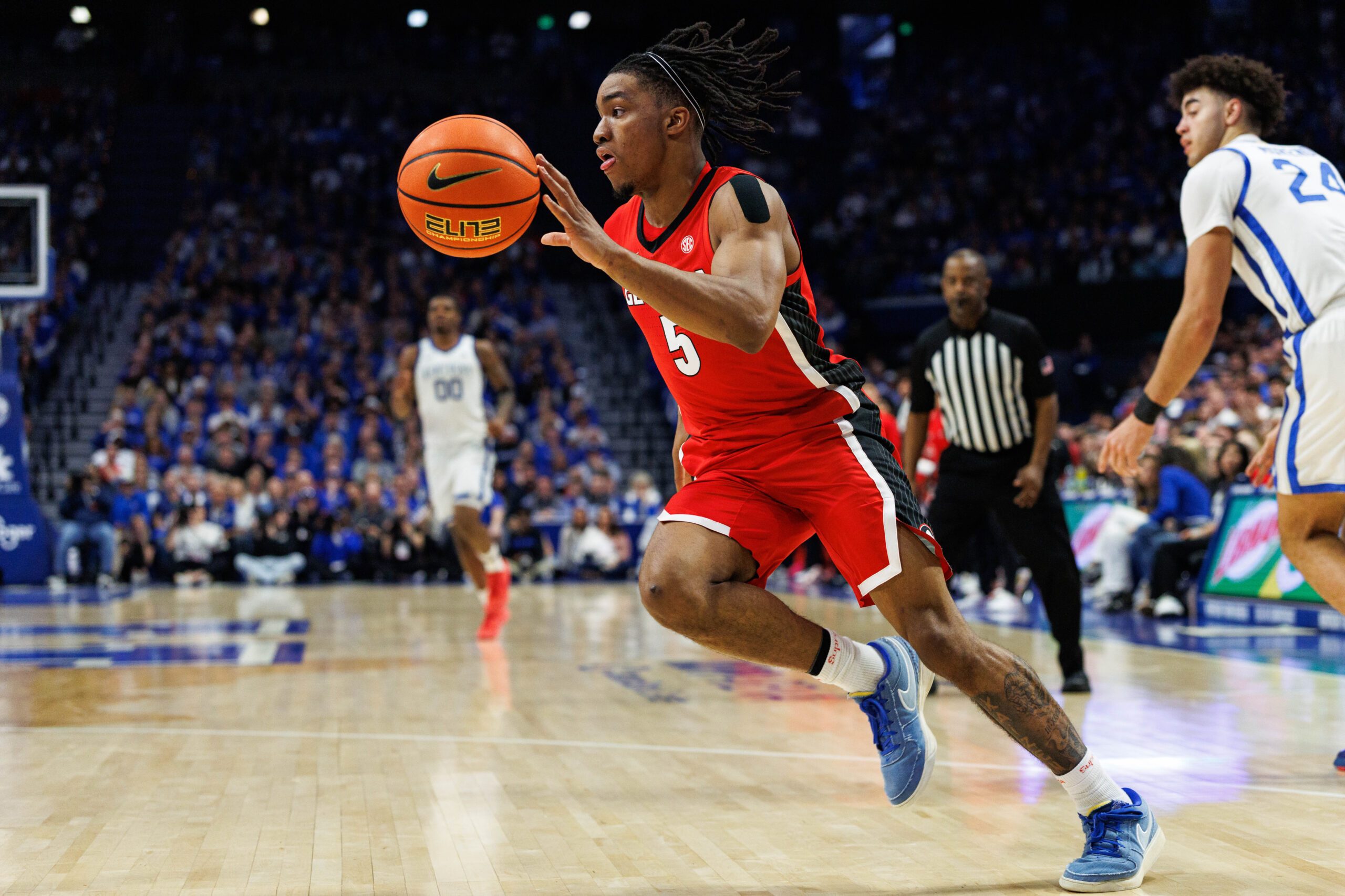 Feb 17, 2026; Lexington, Kentucky, USA; Georgia Bulldogs guard Jeremiah Wilkinson (5) grabs an inbounds pass during the second half against the Kentucky Wildcats at Rupp Arena at Central Bank Center. Mandatory Credit: Jordan Prather-Imagn Images