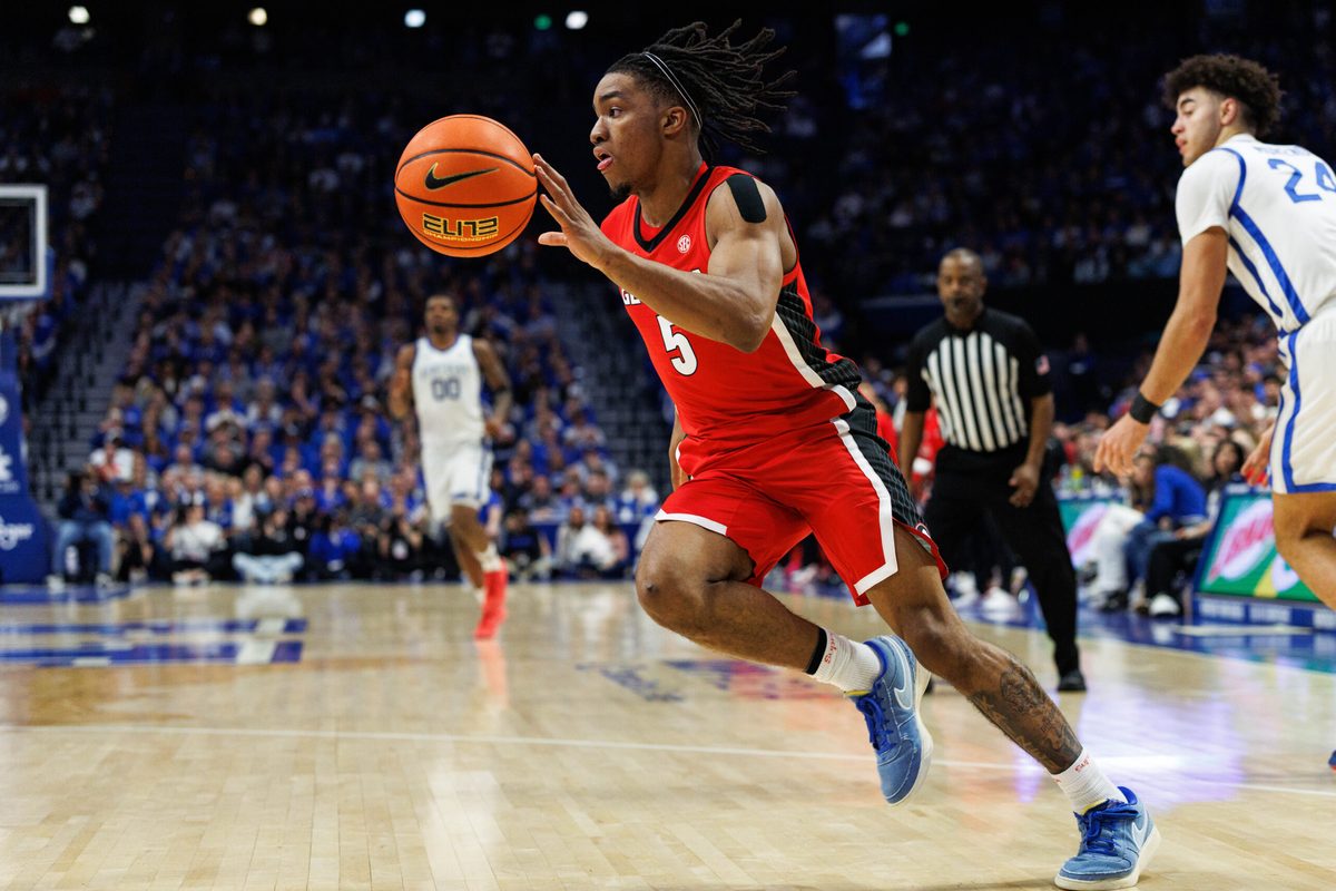 Feb 17, 2026; Lexington, Kentucky, USA; Georgia Bulldogs guard Jeremiah Wilkinson (5) grabs an inbounds pass during the second half against the Kentucky Wildcats at Rupp Arena at Central Bank Center. Mandatory Credit: Jordan Prather-Imagn Images