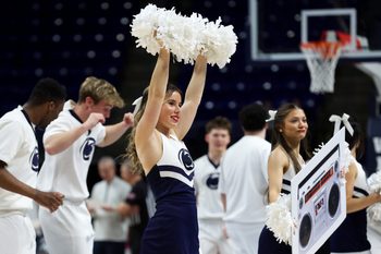 Feb 18, 2026; University Park, Pennsylvania, USA; Penn State Nittany Lion cheerleaders perform during the second half against the Rutgers Scarlet Knights at Bryce Jordan Center. Mandatory Credit: Matthew O'Haren-Imagn Images