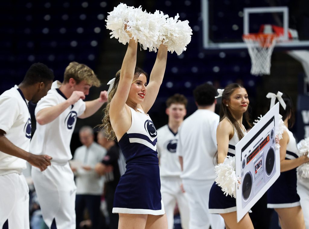 Feb 18, 2026; University Park, Pennsylvania, USA; Penn State Nittany Lion cheerleaders perform during the second half against the Rutgers Scarlet Knights at Bryce Jordan Center. Mandatory Credit: Matthew O'Haren-Imagn Images