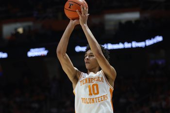 Feb 18, 2026; Knoxville, Tennessee, USA;  Tennessee Volunteers forward Nate Ament (10) shoots a three pointer against the Oklahoma Sooners during the first half at Thompson-Boling Arena at Food City Center. Mandatory Credit: Randy Sartin-Imagn Images