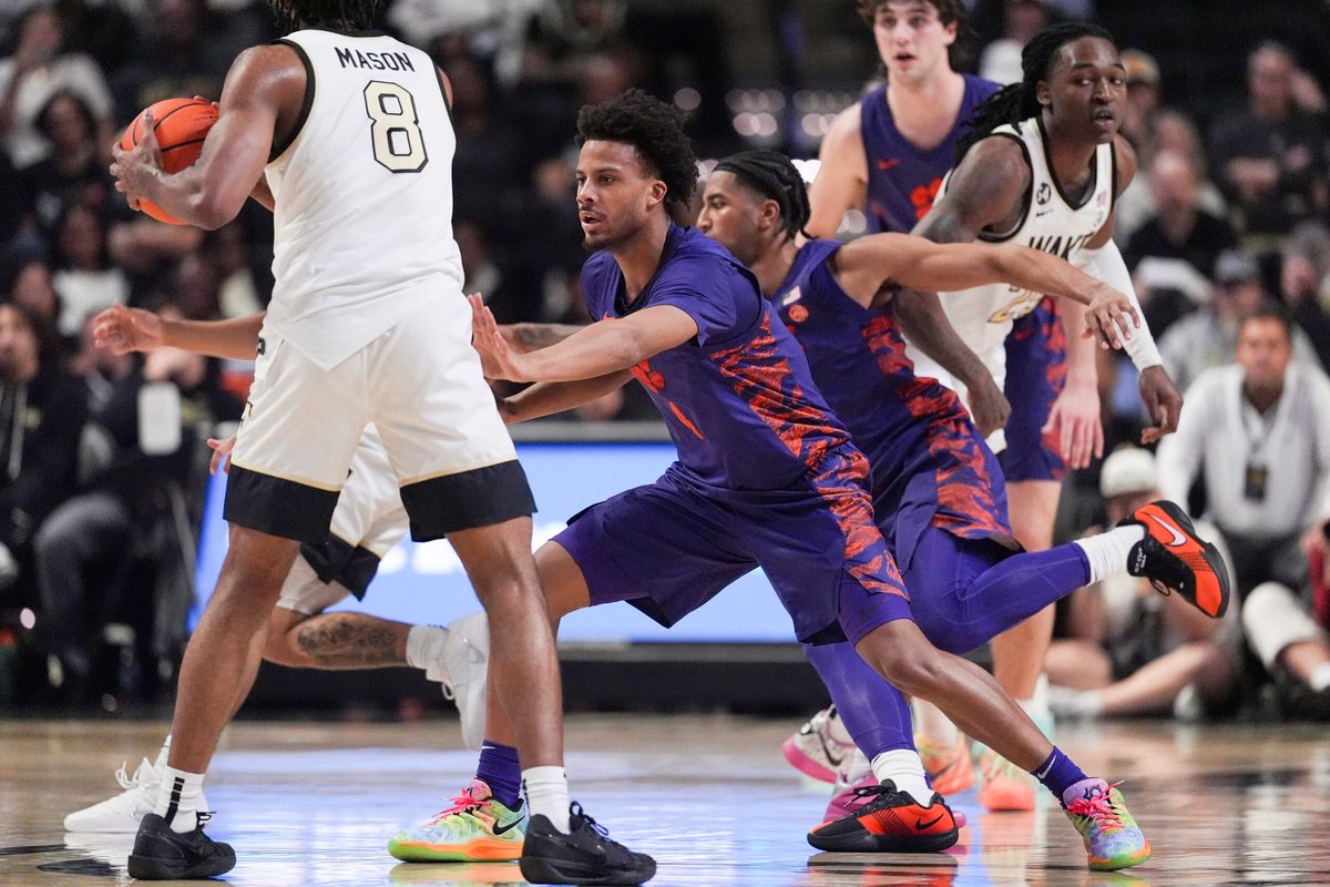 Feb 18, 2026; Winston-Salem, North Carolina, USA; Wake Forest Demon Deacons guard Mekhi Mason (8) handles the ball during the second half at Lawrence Joel Veterans Memorial Coliseum. Mandatory Credit: Jim Dedmon-Imagn Images