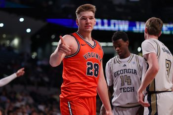 Feb 18, 2026; Atlanta, Georgia, USA; Virginia Cavaliers forward Thijs de Ridder (28) reacts after a play against the Georgia Tech Yellow Jackets in the first half at McCamish Pavilion. Mandatory Credit: Brett Davis-Imagn Images