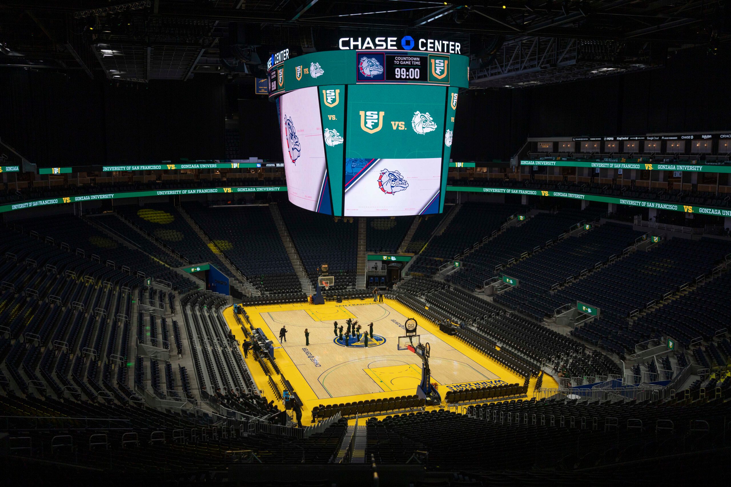 Feb 18, 2026; San Francisco, California, USA;  General view of the court before the start of the game between the San Francisco Dons and the Gonzaga Bulldogs at Chase Center. Mandatory Credit: Stan Szeto-Imagn Images