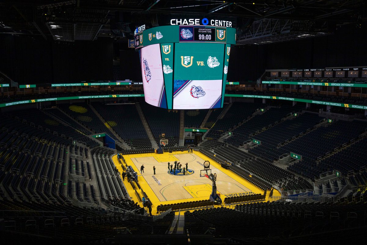 Feb 18, 2026; San Francisco, California, USA; General view of the court before the start of the game between the San Francisco Dons and the Gonzaga Bulldogs at Chase Center. Mandatory Credit: Stan Szeto-Imagn Images