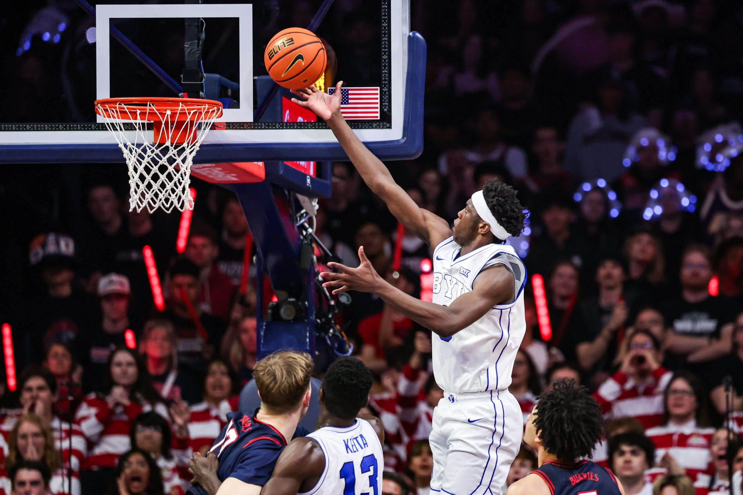 Feb 18, 2026; Tucson, Arizona, USA; Brigham Young Cougars forward AJ Dybantsa (3) makes a lay up during the second half of the game against the Arizona Wildcats at McKale Memorial Center. Mandatory Credit: Aryanna Frank-Imagn Images