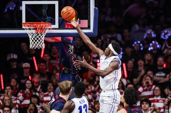 Feb 18, 2026; Tucson, Arizona, USA; Brigham Young Cougars forward AJ Dybantsa (3) makes a lay up during the second half of the game against the Arizona Wildcats at McKale Memorial Center. Mandatory Credit: Aryanna Frank-Imagn Images