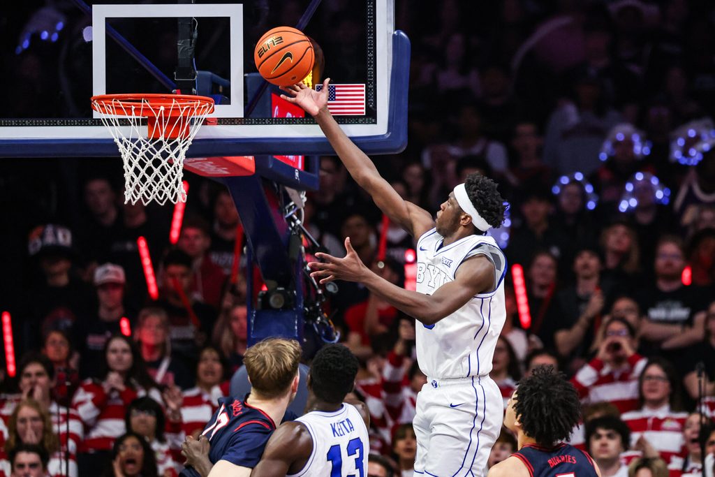 Feb 18, 2026; Tucson, Arizona, USA; Brigham Young Cougars forward AJ Dybantsa (3) makes a lay up during the second half of the game against the Arizona Wildcats at McKale Memorial Center. Mandatory Credit: Aryanna Frank-Imagn Images