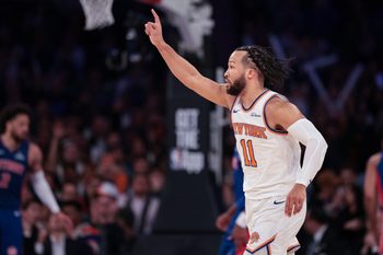 Feb 19, 2026; New York, New York, USA; New York Knicks guard Jalen Brunson (11) reacts after basket against the Detroit Pistons during the second half at Madison Square Garden. Mandatory Credit: Vincent Carchietta-Imagn Images