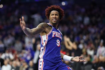 Feb 19, 2026; Philadelphia, Pennsylvania, USA; Philadelphia 76ers guard Kelly Oubre Jr. (9) reacts after a score against the Atlanta Hawks during the fourth quarter at Xfinity Mobile Arena. Mandatory Credit: Bill Streicher-Imagn Images