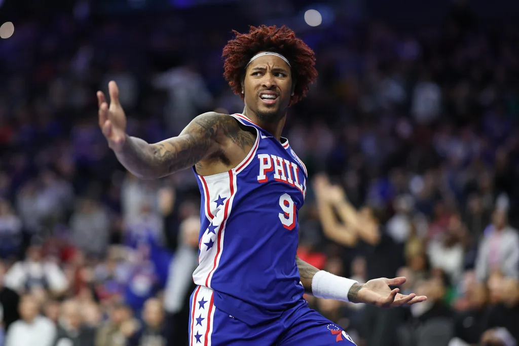 Feb 19, 2026; Philadelphia, Pennsylvania, USA; Philadelphia 76ers guard Kelly Oubre Jr. (9) reacts after a score against the Atlanta Hawks during the fourth quarter at Xfinity Mobile Arena. Mandatory Credit: Bill Streicher-Imagn Images