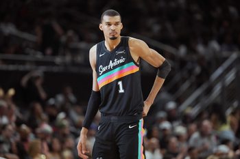 Feb 19, 2026; Austin, Texas, USA; San Antonio Spurs forward Victor Wembanyama (1) during the second half against the Phoenix Suns at Moody Center. Mandatory Credit: Scott Wachter-Imagn Images