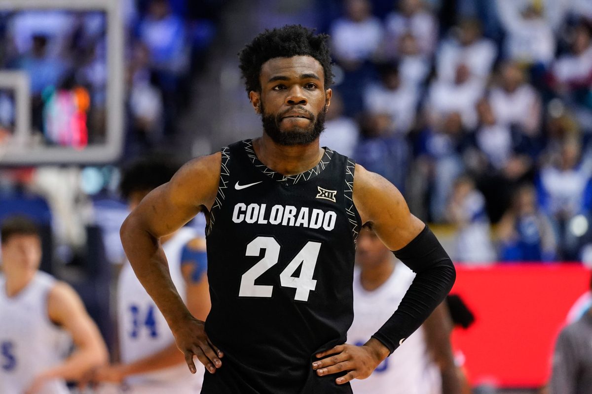 Feb 14, 2026; Provo, Utah, USA; Colorado Buffaloes guard Barrington Hargress (24) looks on during the second half against the BYU Cougars at the Marriott Center. Mandatory Credit: Aaron Baker-Imagn Images