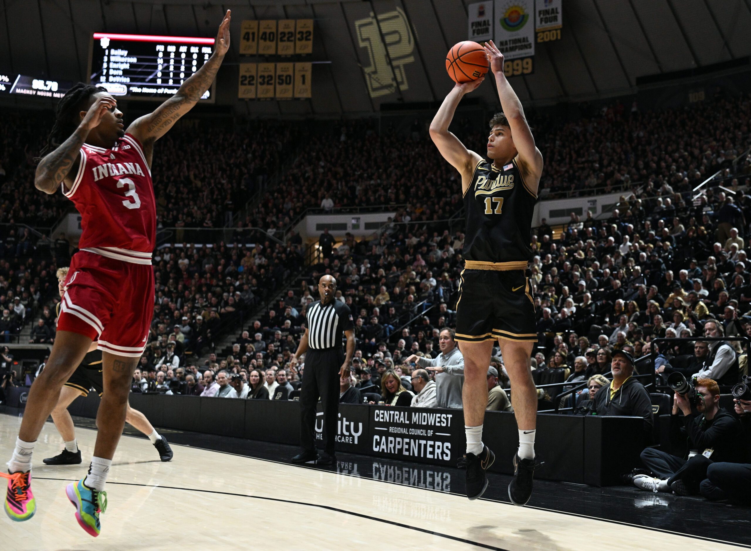Feb 20, 2026; West Lafayette, Indiana, USA; Purdue Boilermakers guard Omer Mayer (17) shoots over Indiana Hoosiers guard Lamar Wilkerson (3) during the second half at Mackey Arena. Mandatory Credit: Marc Lebryk-Imagn Images