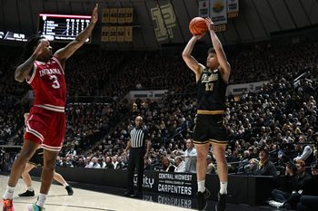 Feb 20, 2026; West Lafayette, Indiana, USA; Purdue Boilermakers guard Omer Mayer (17) shoots over Indiana Hoosiers guard Lamar Wilkerson (3) during the second half at Mackey Arena. Mandatory Credit: Marc Lebryk-Imagn Images
