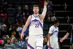 Feb 20, 2026; Memphis, Tennessee, USA; Utah Jazz forward Kyle Filipowski (22) reacts during the second quarter against the Memphis Grizzlies at FedExForum. Mandatory Credit: Petre Thomas-Imagn Images
