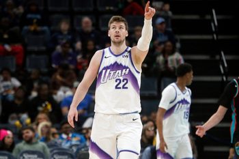 Feb 20, 2026; Memphis, Tennessee, USA; Utah Jazz forward Kyle Filipowski (22) reacts during the second quarter against the Memphis Grizzlies at FedExForum. Mandatory Credit: Petre Thomas-Imagn Images