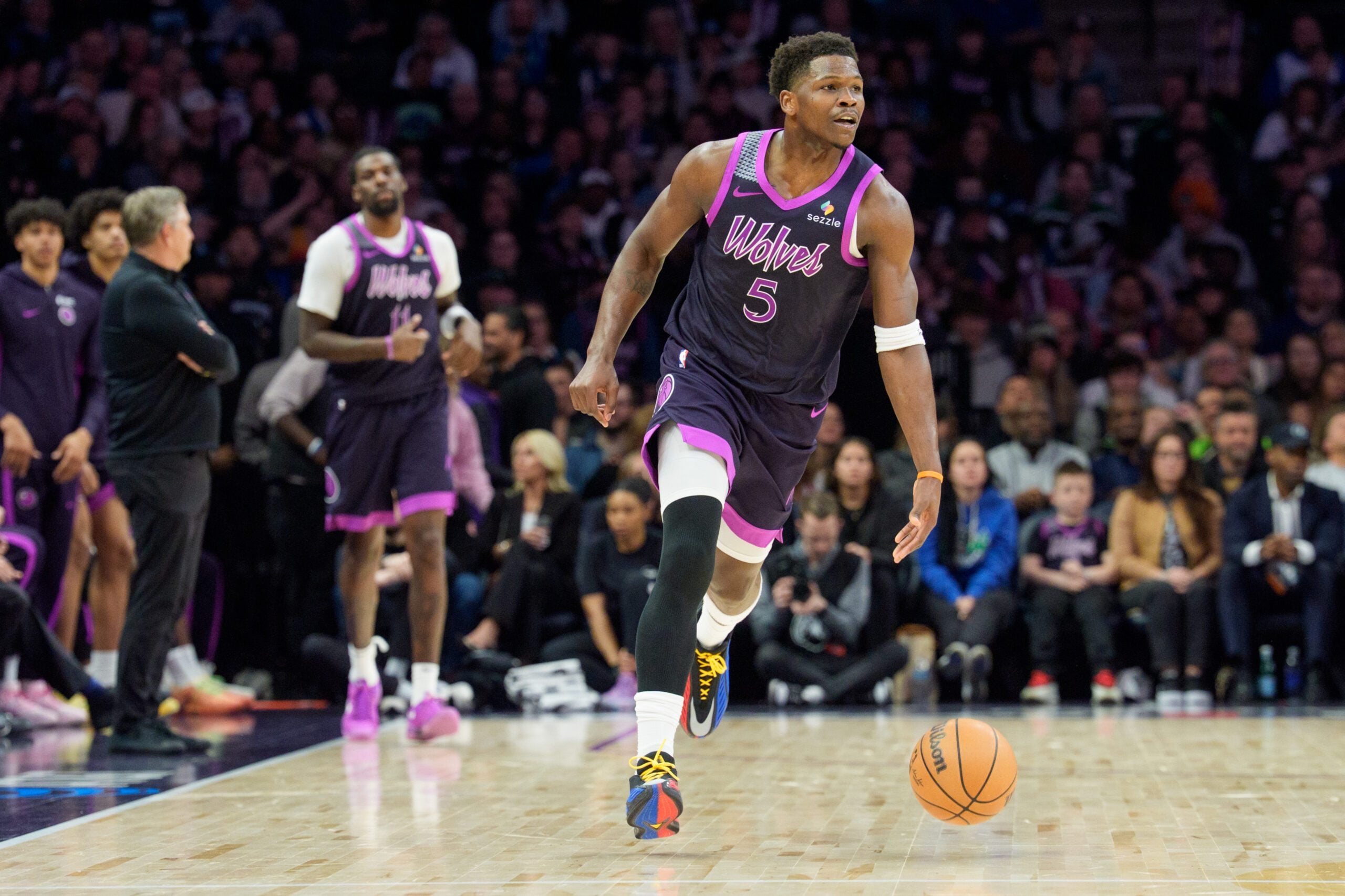 Feb 20, 2026; Minneapolis, Minnesota, USA; Minnesota Timberwolves guard Anthony Edwards (5) dribbles against the Dallas Mavericks in the third quarter at Target Center. Mandatory Credit: Matt Blewett-Imagn Images