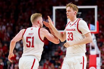 Feb 21, 2026; Lincoln, Nebraska, USA; Nebraska Cornhuskers forward Leo Curtis (33) subs in for forward Rienk Mast (51) during the first half against the Penn State Nittany Lions at Pinnacle Bank Arena. Mandatory Credit: Dylan Widger-Imagn Images
