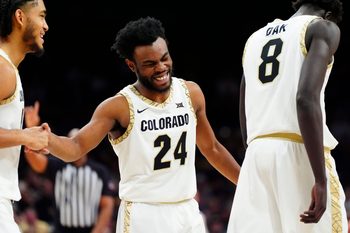 Feb 21, 2026; Boulder, Colorado, USA; Colorado Buffaloes guard Barrington Hargress (24) reacts in the second half against the Oklahoma State Cowboys at the CU Events Center. Mandatory Credit: Ron Chenoy-Imagn Images