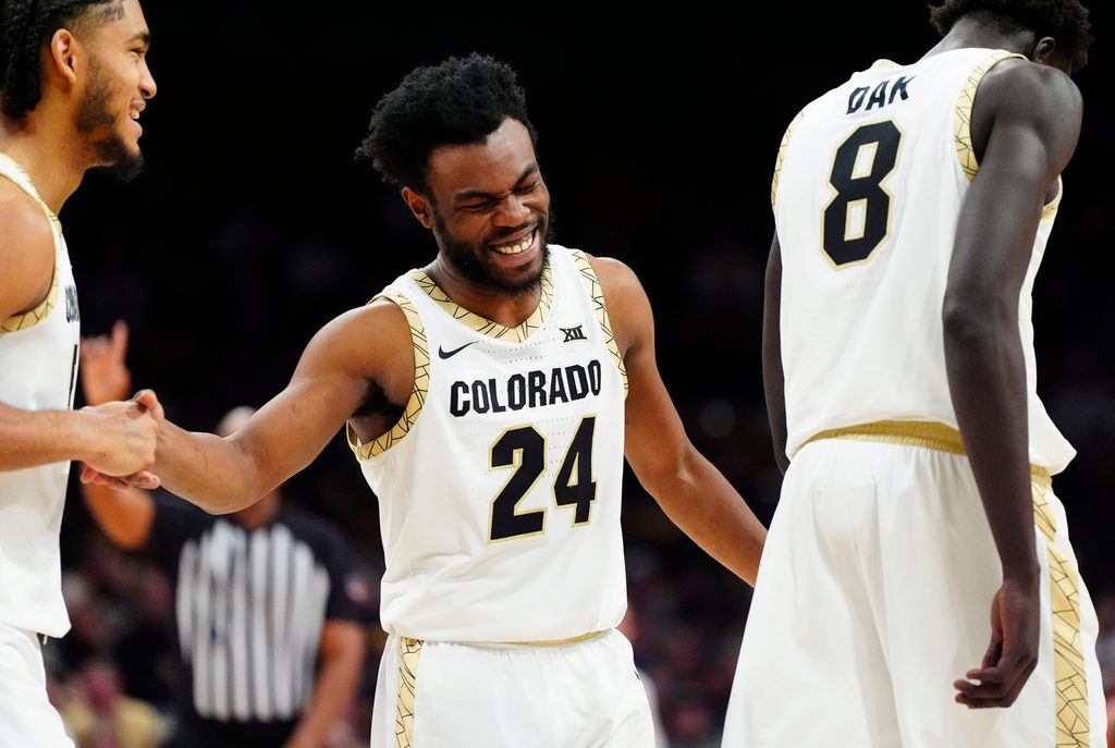 Feb 21, 2026; Boulder, Colorado, USA; Colorado Buffaloes guard Barrington Hargress (24) reacts in the second half against the Oklahoma State Cowboys at the CU Events Center. Mandatory Credit: Ron Chenoy-Imagn Images