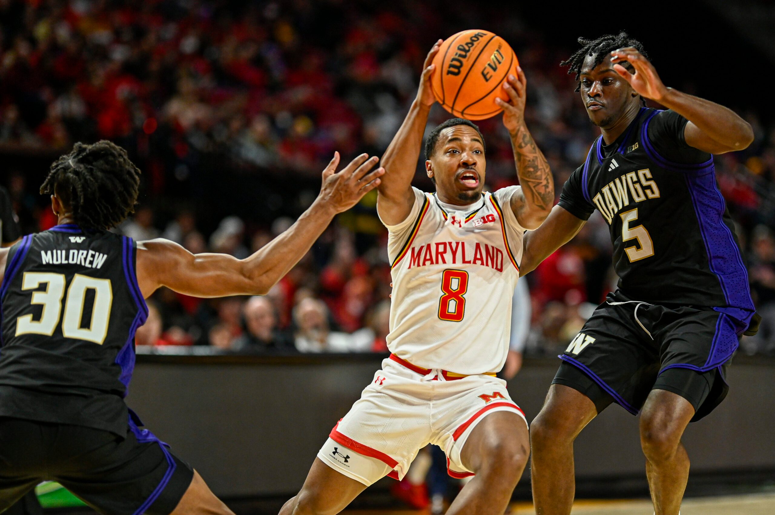 Feb 21, 2026; College Park, Maryland, USA;  Maryland Terrapins guard David Coit (8) cuts between Washington Huskies guard Courtland Muldrew (30) and  guard Zoom Diallo (5) during the second  half at Xfinity Center. Mandatory Credit: Tommy Gilligan-Imagn Images