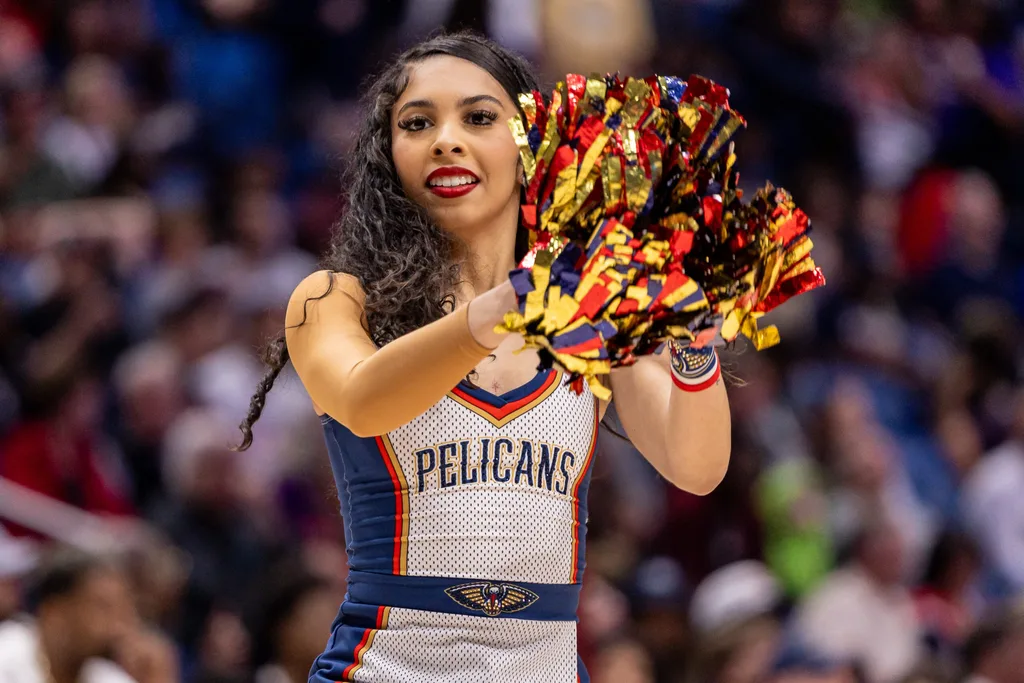 Feb 21, 2026; New Orleans, Louisiana, USA; New Orleans Pelicans PelSquard entertains the fans on a time out against the Philadelphia 76ers during the second half at Smoothie King Center. Mandatory Credit: Stephen Lew-Imagn Images