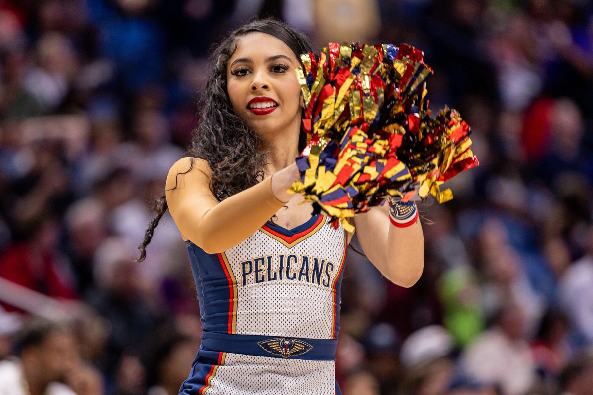Feb 21, 2026; New Orleans, Louisiana, USA; New Orleans Pelicans PelSquard entertains the fans on a time out against the Philadelphia 76ers during the second half at Smoothie King Center. Mandatory Credit: Stephen Lew-Imagn Images