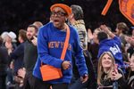 Feb 21, 2026; New York, New York, USA;  Actor and filmmaker Spike Lee celebrates in the fourth quarter of the game between the Houston Rockets and the New York Knicks at Madison Square Garden. Mandatory Credit: Wendell Cruz-Imagn Images